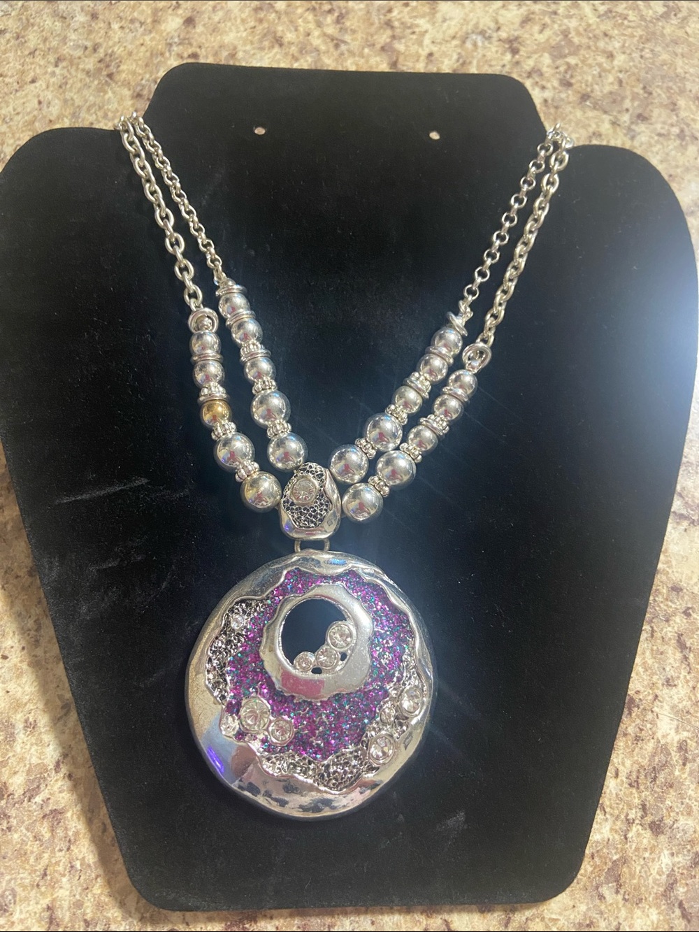 Vintage Style Silver Purple Rhinestone Bib Style Double Stranded Beaded Necklace